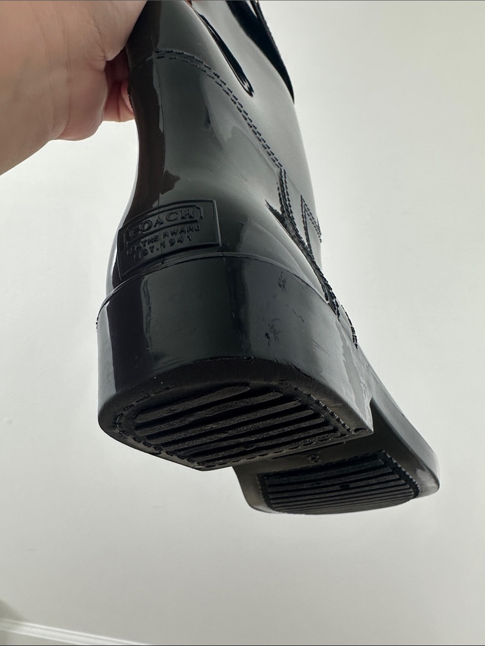 Coach Patent Black Knee-High Rain Boots with Gold Accent - Picture 12 of 14
